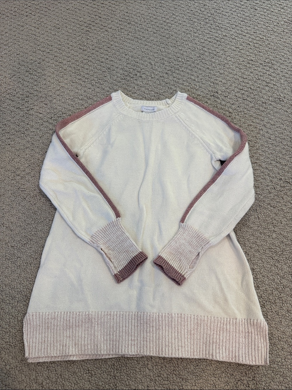 Tahari Cream Sweater with Dusty Pink Trim - Crewneck Knit